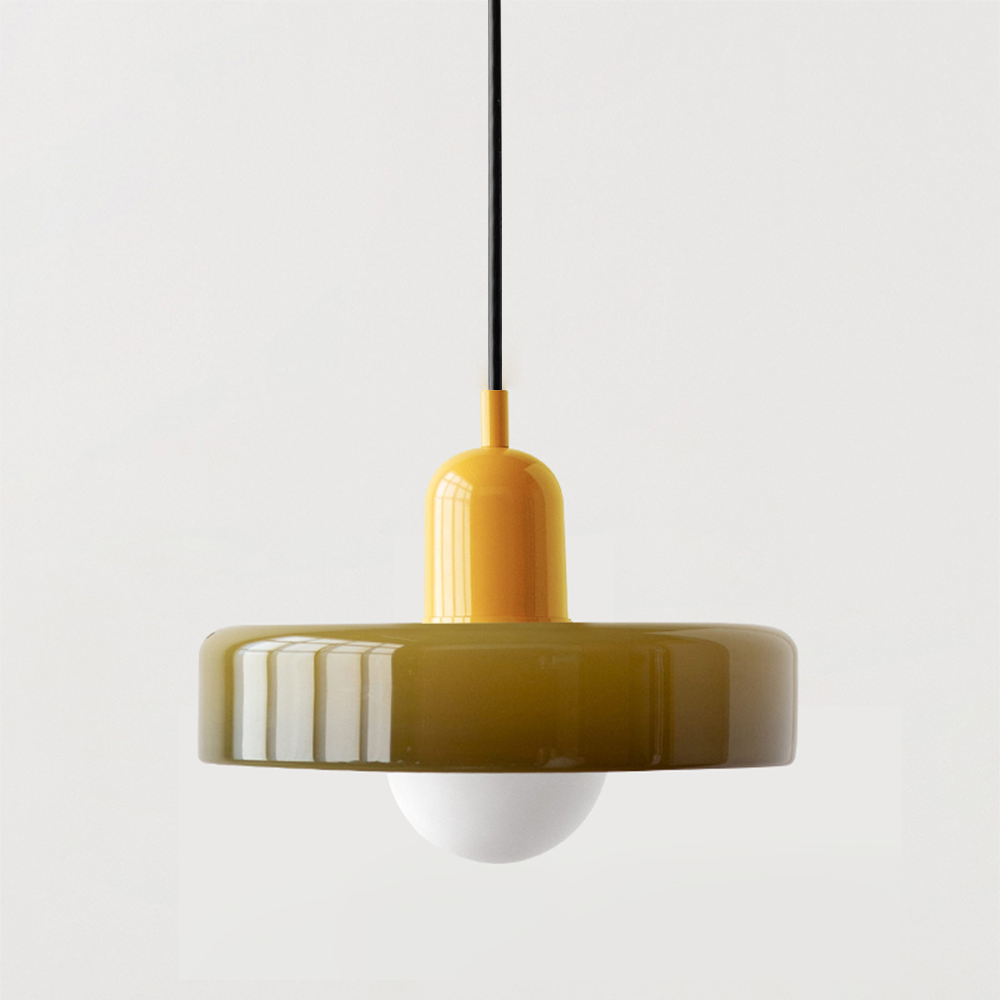 Bauhaus pendant light with a glossy olive glass ring shade and a yellow body