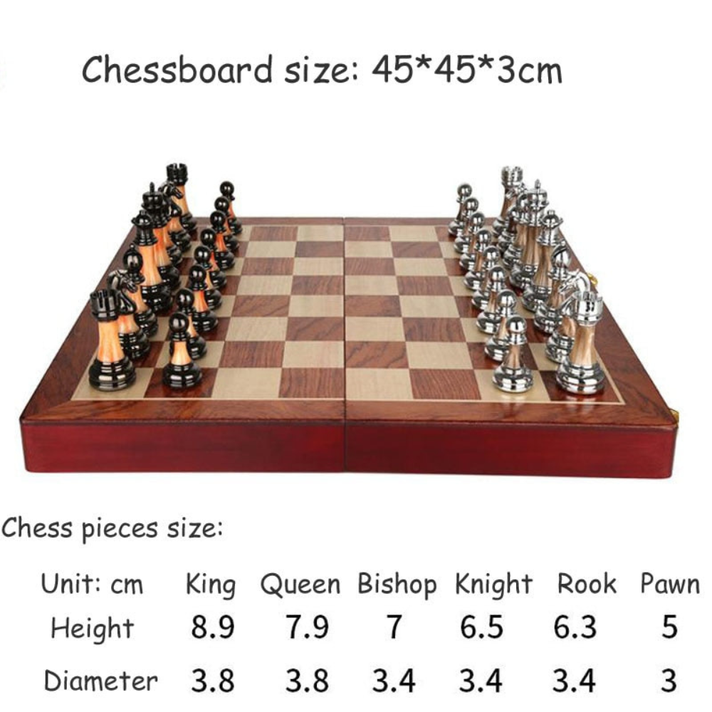 Wooden Chess Board - 45cm Large Foldable Set with Metal Pieces