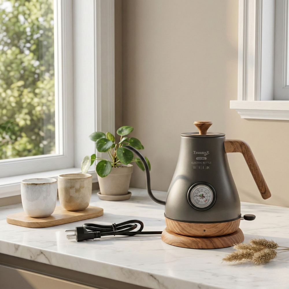 Stainless Steel Electric Tea Kettle with Gooseneck Spout and Thermostat Regulation