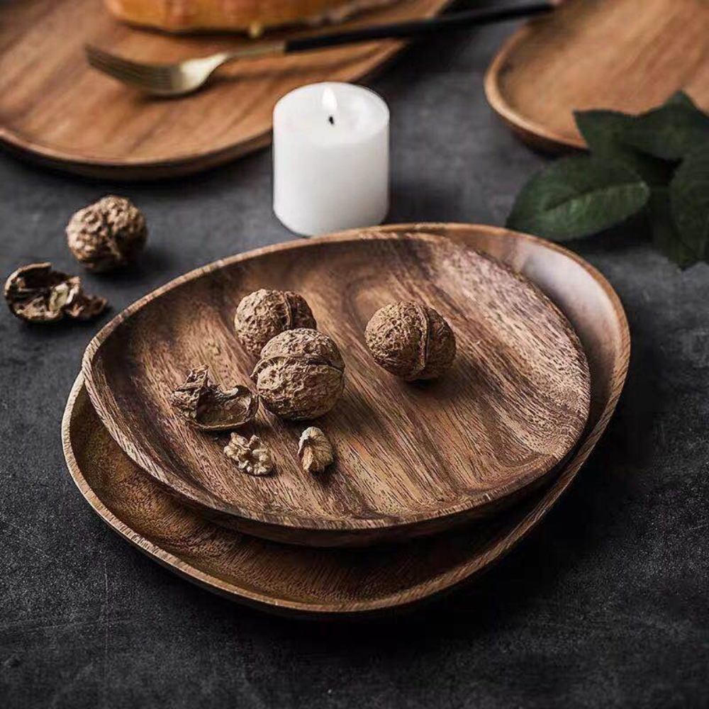 Acacia Wood Serving Tray - Raised Edge Wooden Tray