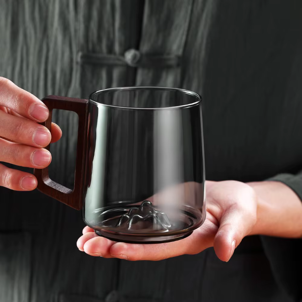 Shadow Glass Tea & Coffee Cup With Rustic Wooden Handle