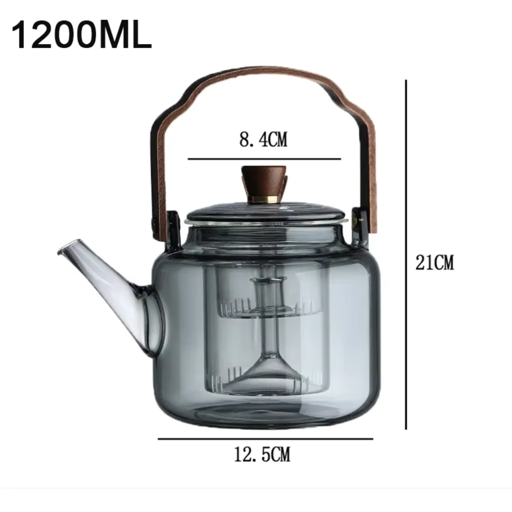 High Borosilicate Glass Brew Teapot Kettle With Wide Wooden Handle - Boiling Water Tea Infuser Kettle