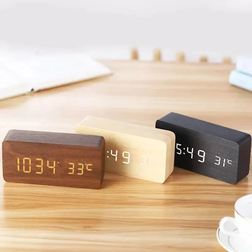 Wooden LED Digital Alarm Clock - Adjustable Brightness & Alarm System