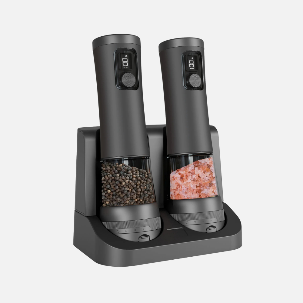 Salt & Pepper Shaker Set with Rechargeable Base and Adjustable Grind
