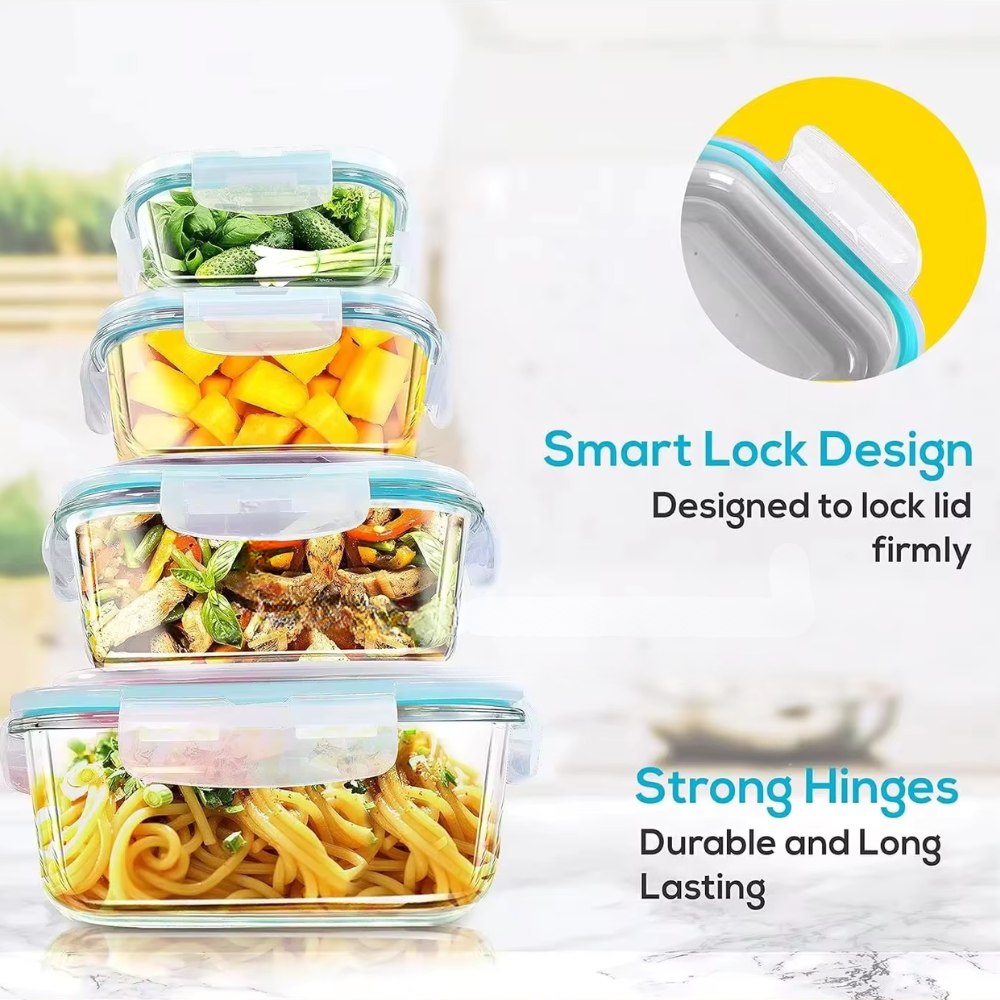 Glass Food Storage Containers Airtight 4 Pcs Set for Meal Prep, Gym and Work