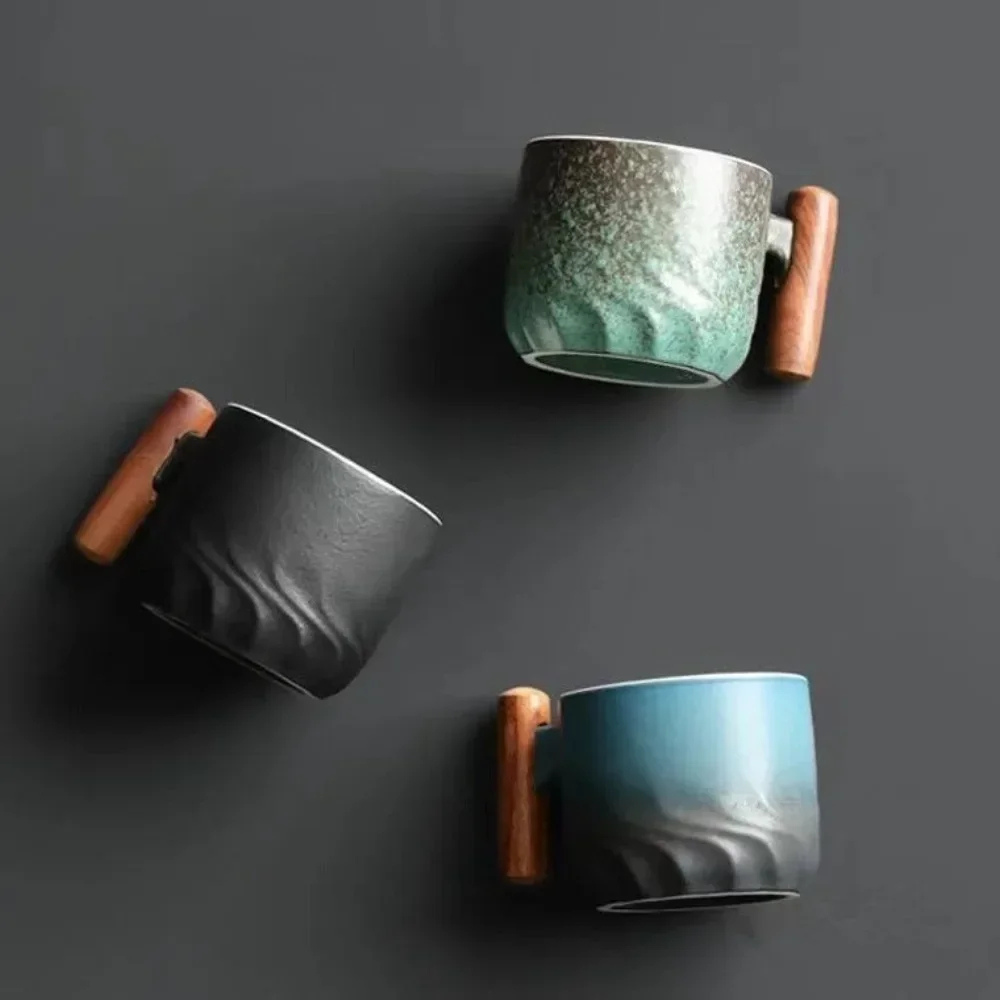 Retro Double Espresso Ceramic Cups with Wooden Handle