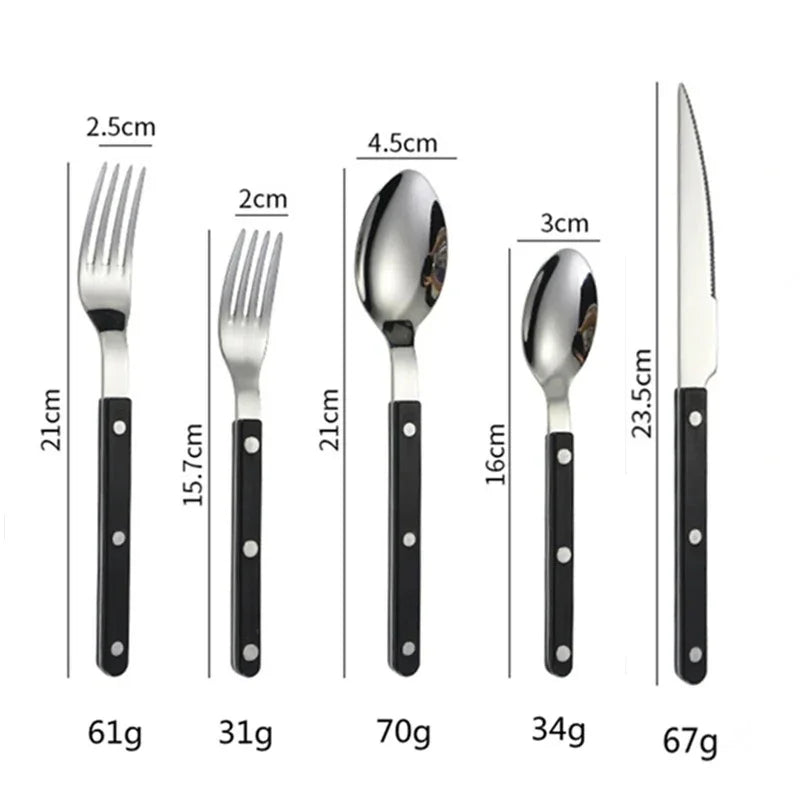 Black handled five piece set, small fork, fork, knife, spoon and teaspoon, laid out on white with printed lengths and weights