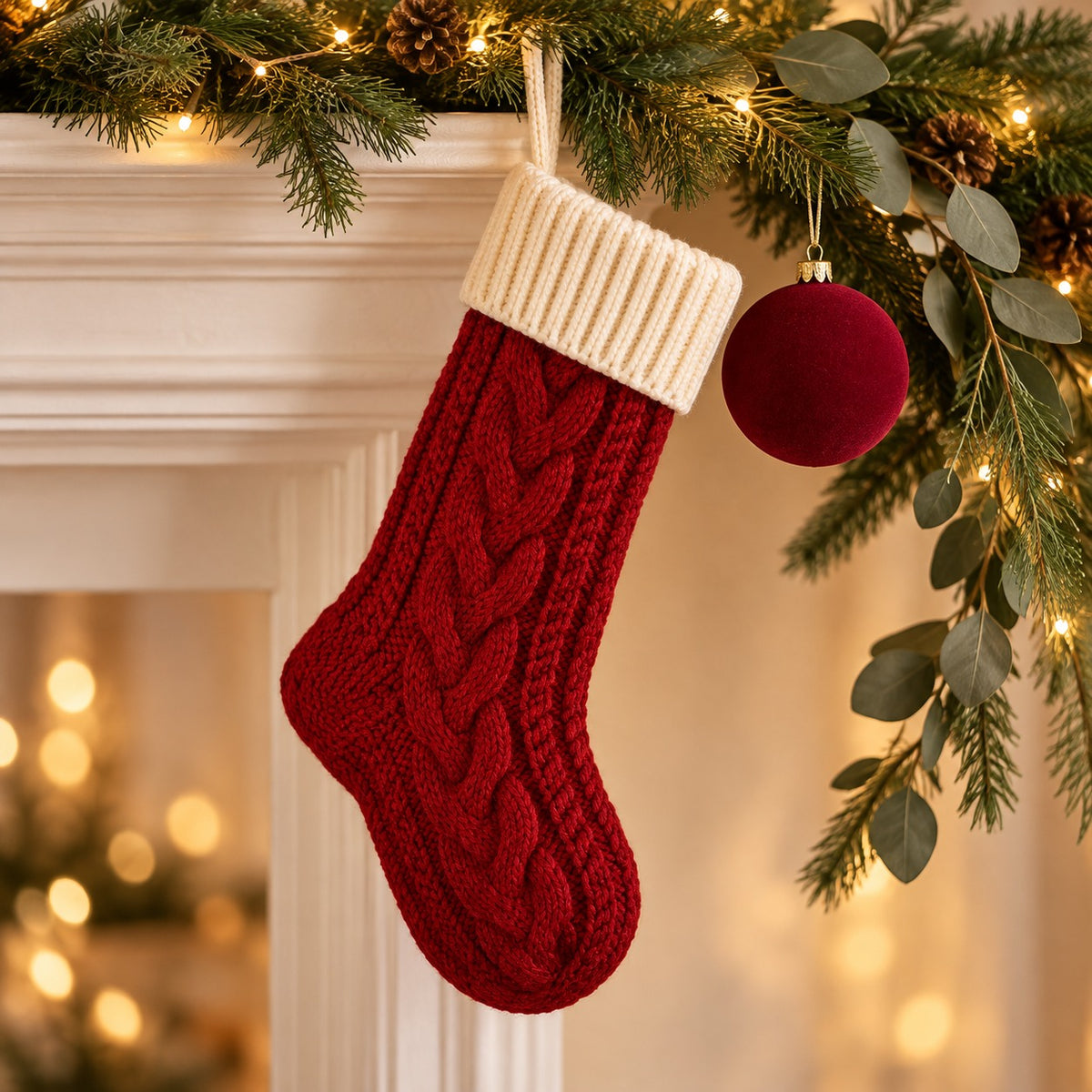 Red cable knit Christmas stocking with a cream cuff and a burgundy velvet bauble hanging from a pine garland