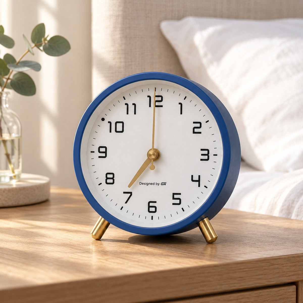 Navy blue analog alarm clock with a white face on a pale oak bedside table in morning light