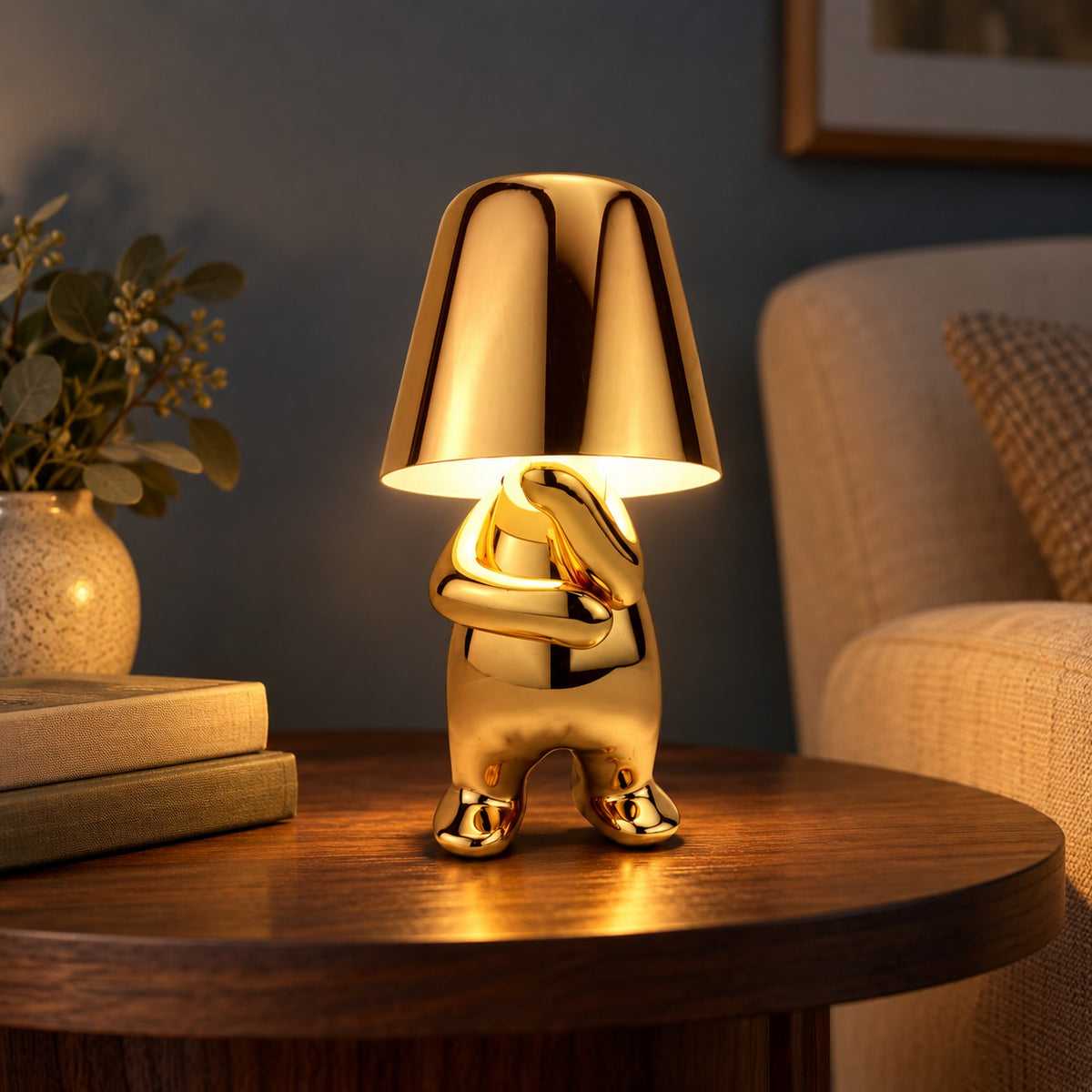Gold figure table lamp glowing on a walnut side table at dusk