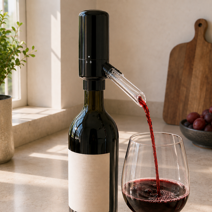 Glossy black electric wine aerator fitted on a bottle of red wine, pouring into a glass on a sunlit kitchen counter