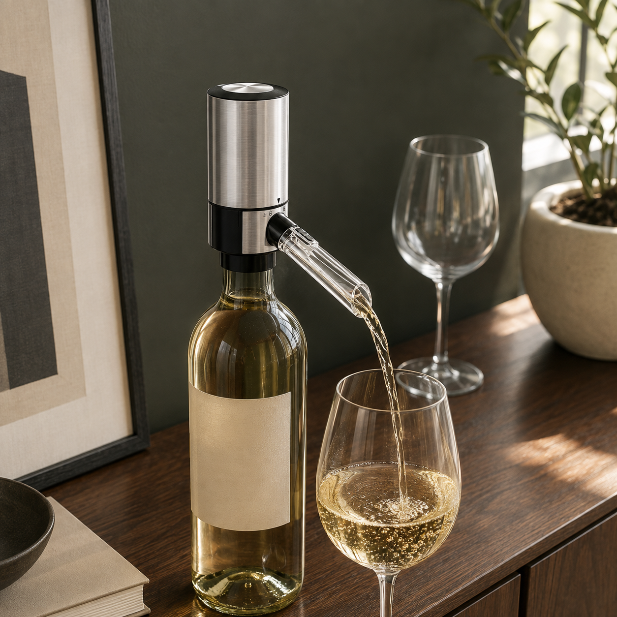 Brushed silver electric wine aerator on a bottle of white wine, pouring on a walnut dining room sideboard in daylight