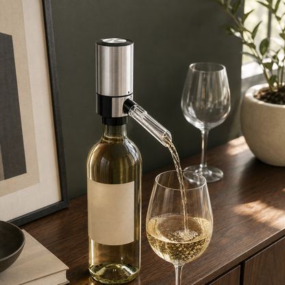 Brushed silver electric wine aerator on a bottle of white wine, pouring on a walnut dining room sideboard in daylight