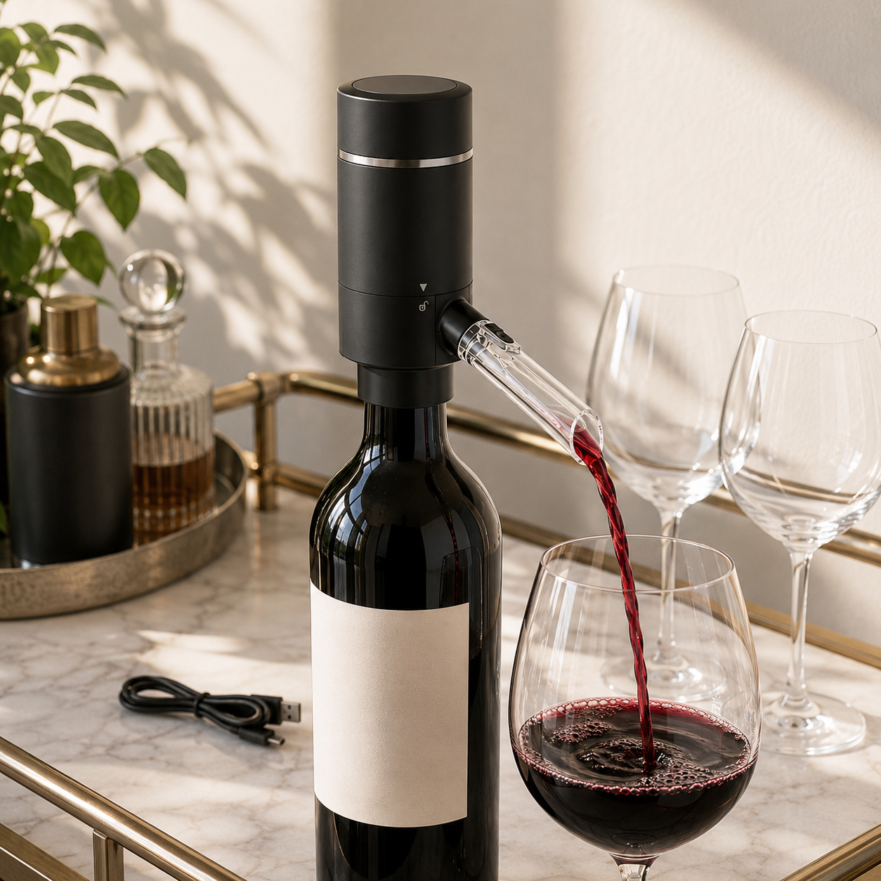 Matte black rechargeable electric wine aerator on a bottle of red wine on a marble bar cart, USB cable beside it