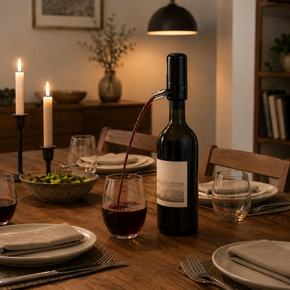 Electric wine aerator pouring red wine at a candlelit dinner table in the evening