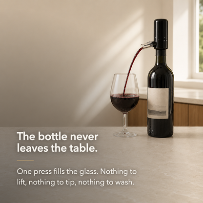 The bottle never leaves the table: the aerator fills a glass from an upright bottle on a kitchen island