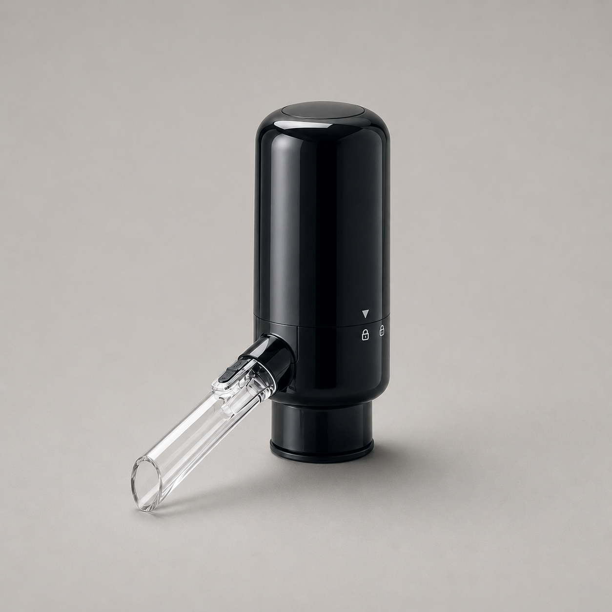 Electric wine aerator and dispenser in glossy black, studio view showing the clear ribbed acrylic spout