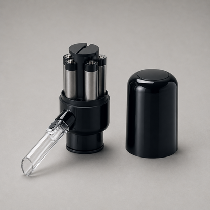 Battery model with its cap lifted off, showing four cells standing around the pump column