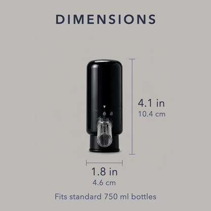 Dimensions of the electric wine aerator: 1.8 in wide and 4.1 in tall, 4.6 by 10.4 cm, fits standard 750 ml bottles