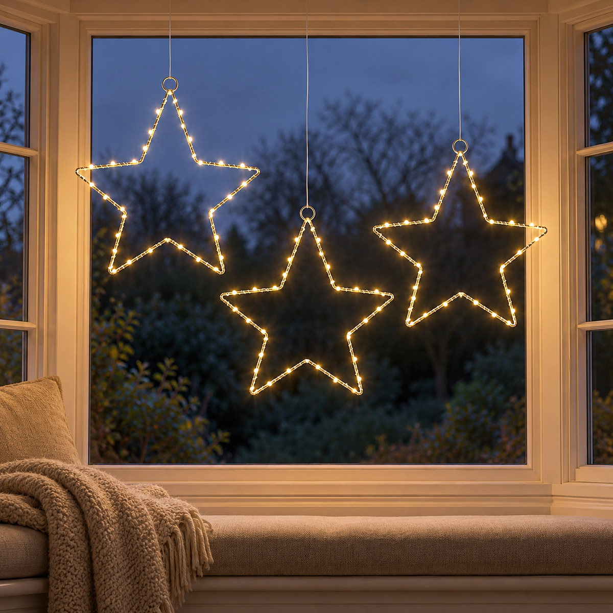 Three LED star window lights glowing warm white at different heights in a living room window at dusk