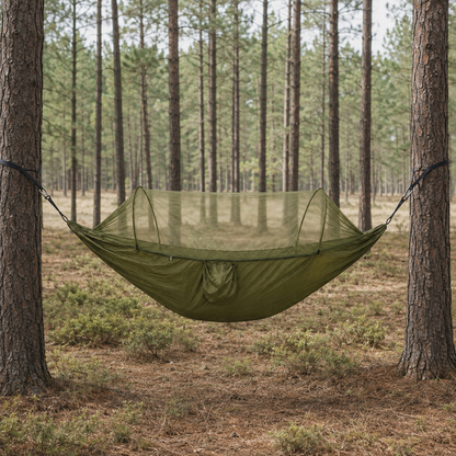 Army Green ultralight camping hammock with bug net slung between pine trees