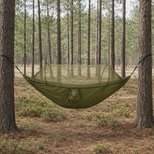 Army Green ultralight camping hammock with bug net slung between pine trees