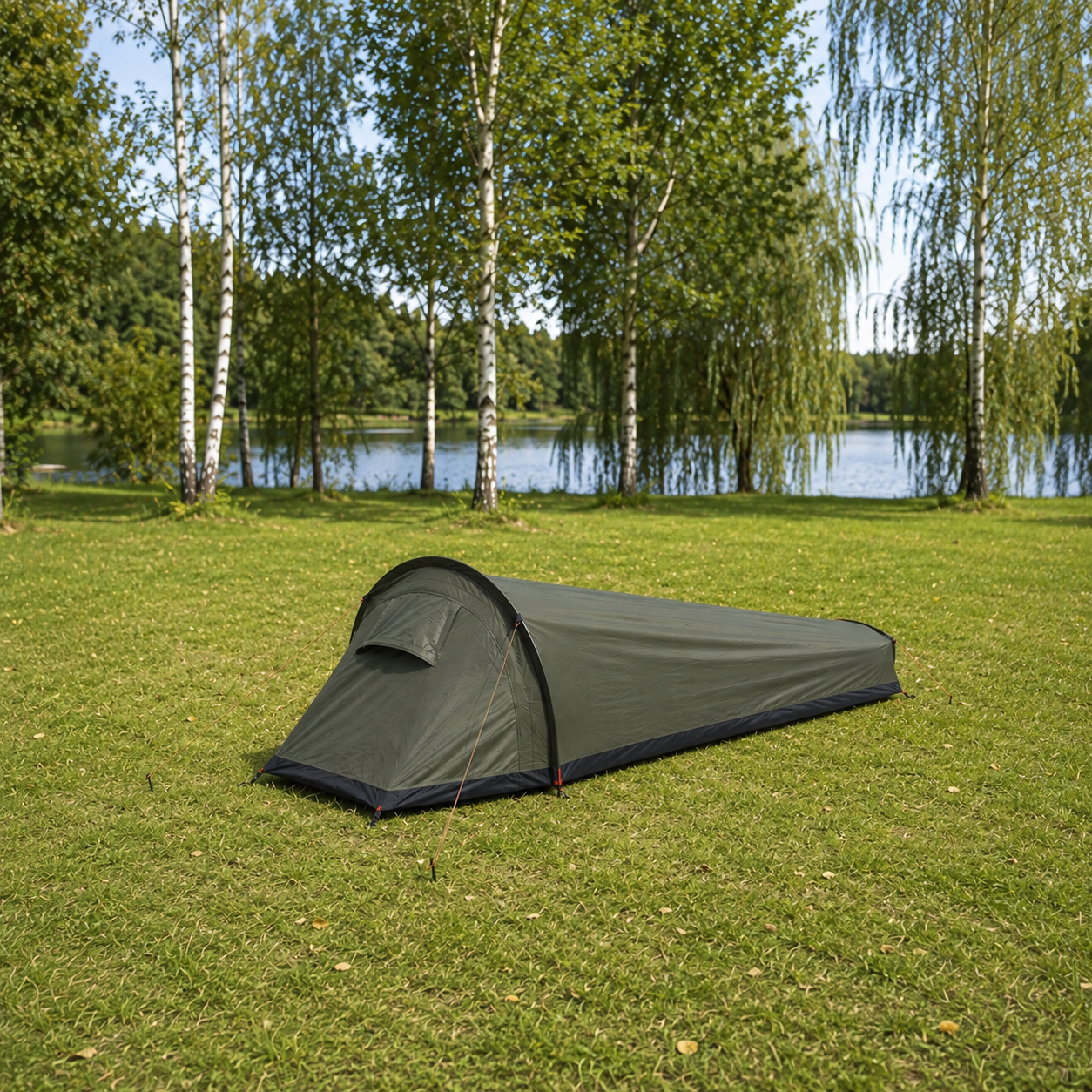 Army Green one-person backpacking tent pitched on grass beside a river on a bright morning