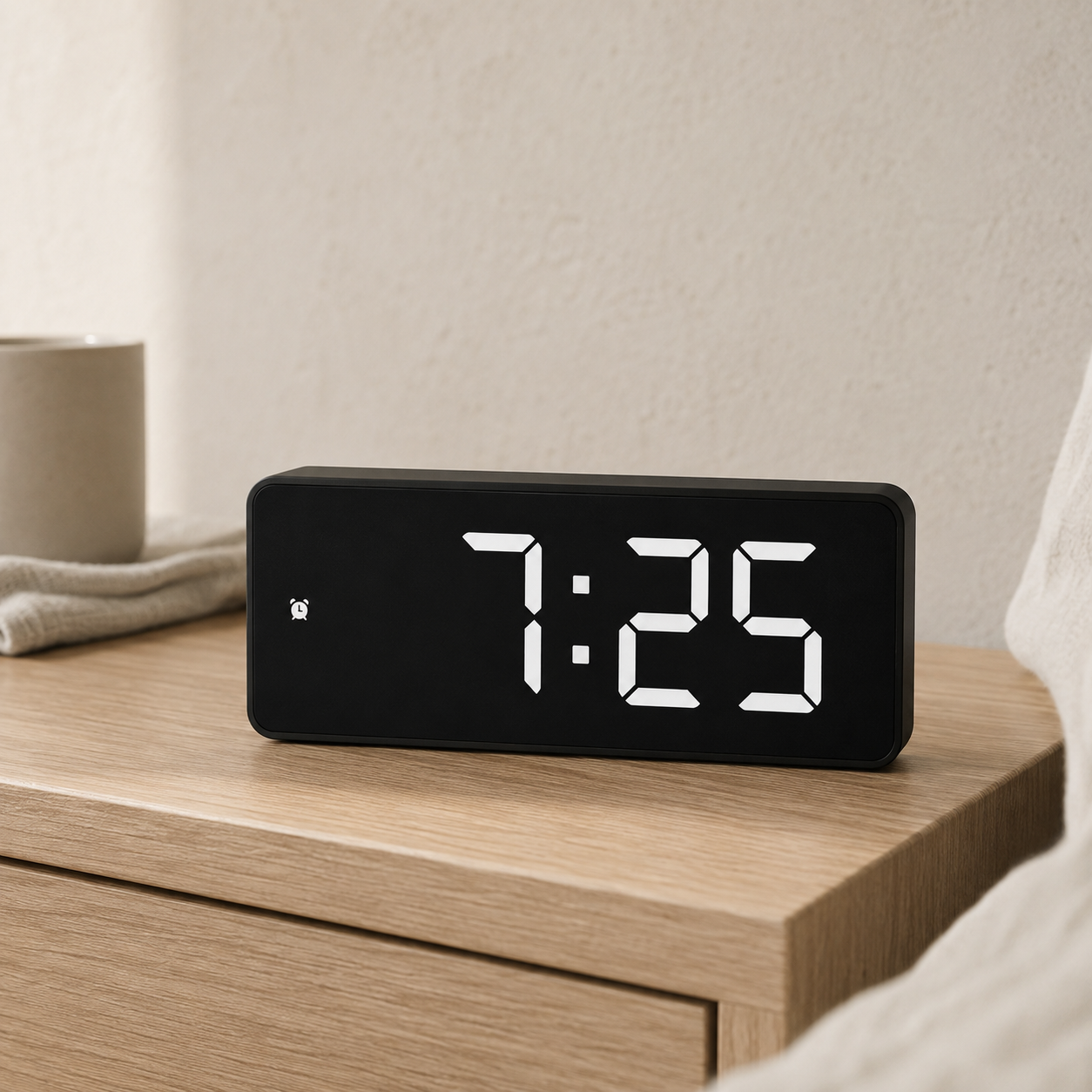 Black digital alarm clock with a flat black LED display on a pale oak nightstand in morning daylight, showing 7:25