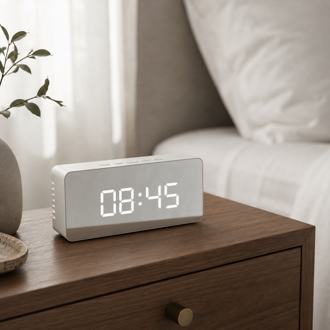 The mirror alarm clock on a bedside table in daylight, showing 08:45 in large white digits across its mirrored face