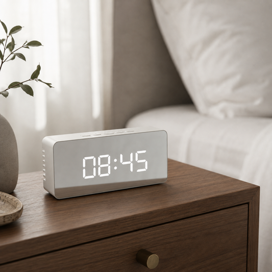 The mirror alarm clock on a bedside table in daylight, showing 08:45 in large white digits across its mirrored face