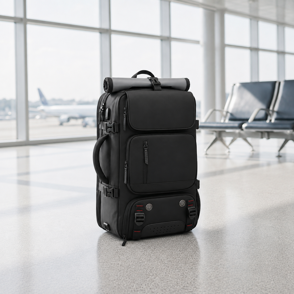 Black carry on travel backpack standing on the polished floor of an airport terminal, empty seating and an aircraft through the windows behind it