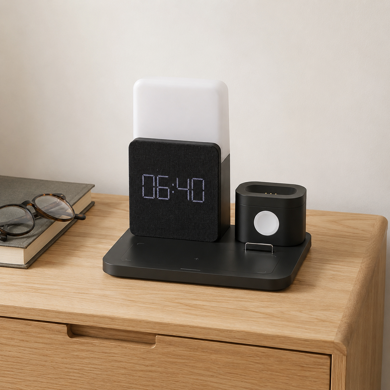 Black charging station with dimmable lamp and fabric LED alarm clock on a pale oak bedside table in daylight