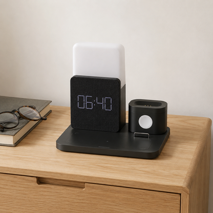 Black charging station with dimmable lamp and fabric LED alarm clock on a pale oak bedside table in daylight