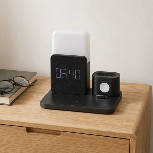 Black charging station with dimmable lamp and fabric LED alarm clock on a pale oak bedside table in daylight