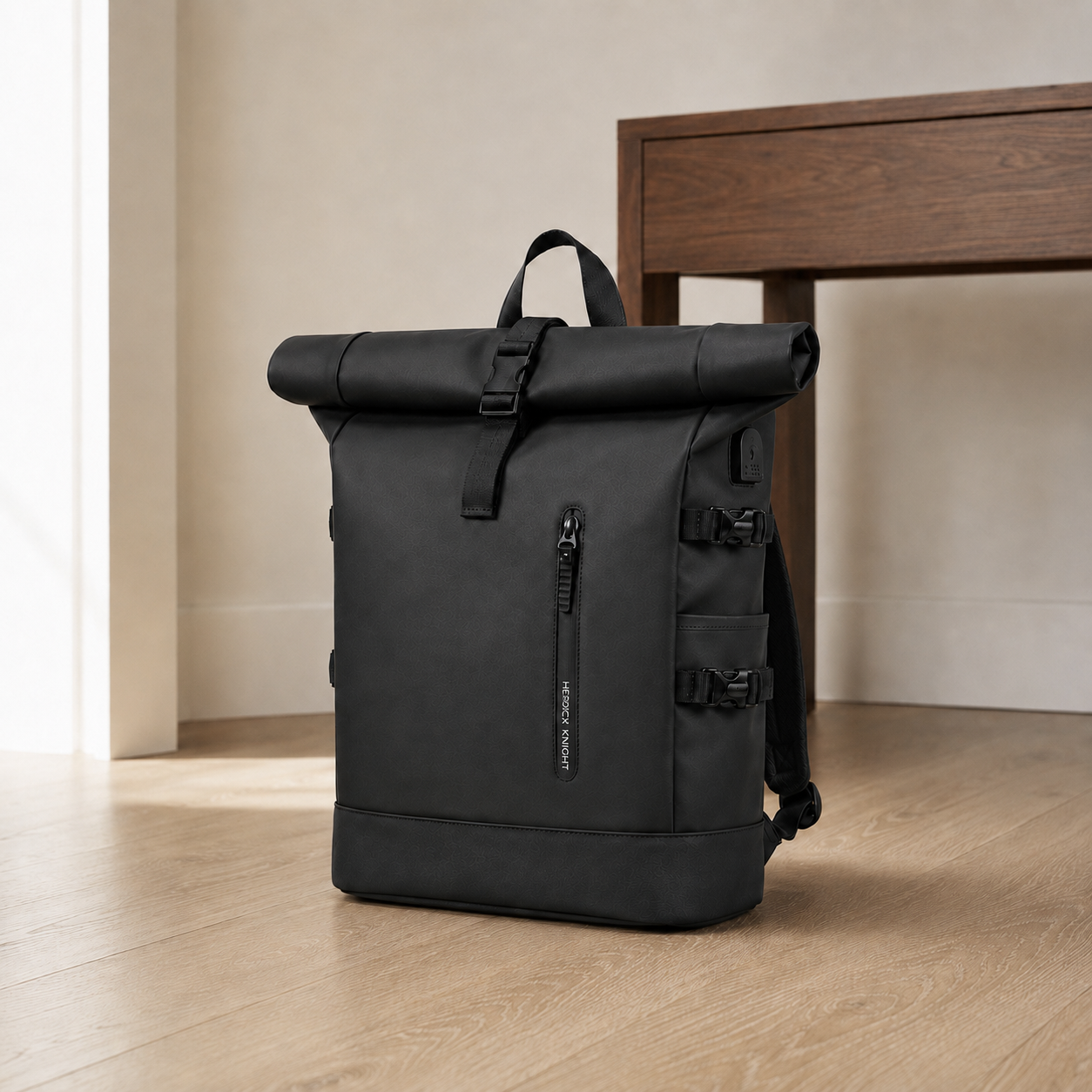 Black roll top backpack standing on the floor of a bright entrance hall beside a walnut console table