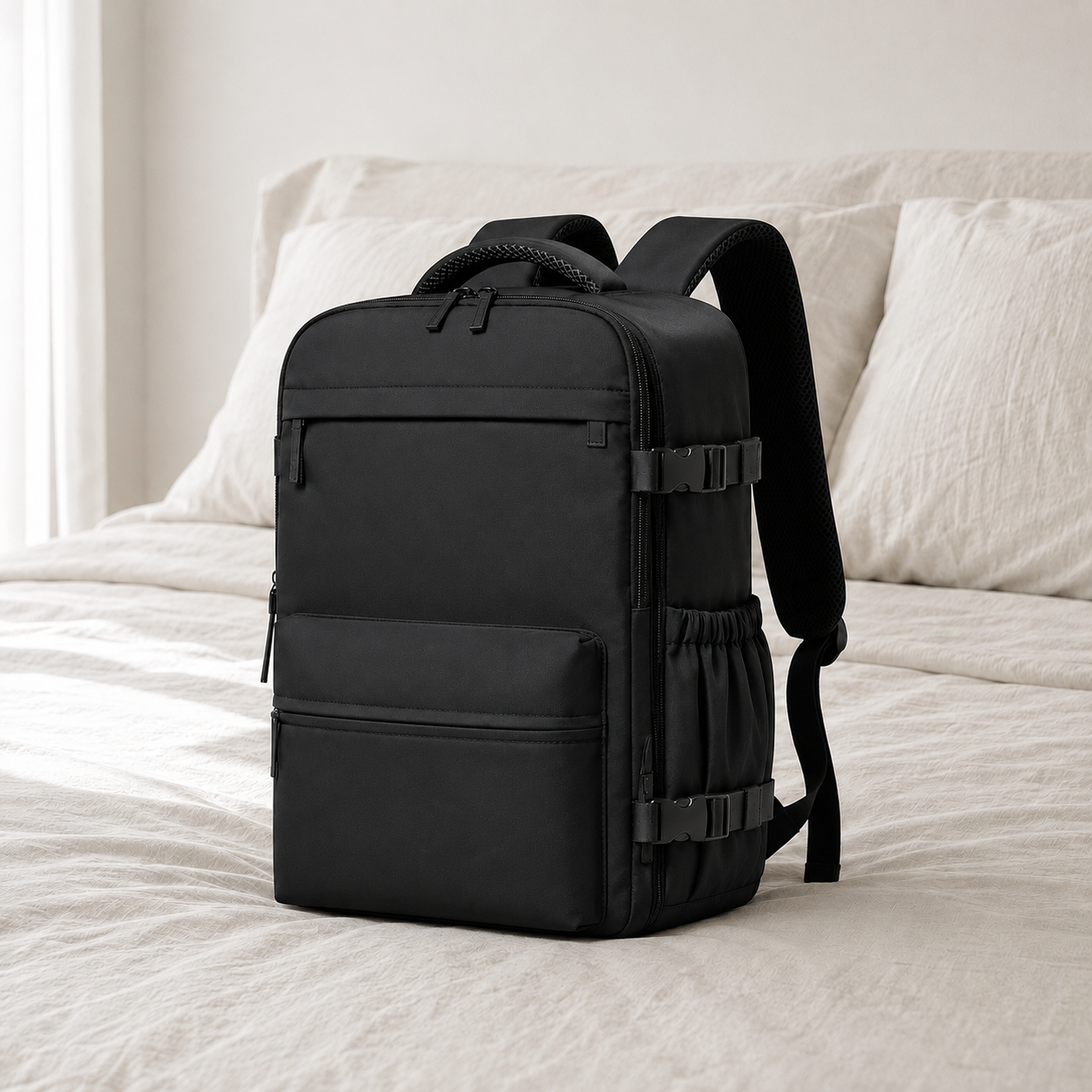 Black laptop backpack with vacuum compression chamber standing on a linen bed in a bright hotel bedroom