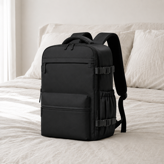Black laptop backpack with vacuum compression chamber standing on a linen bed in a bright hotel bedroom