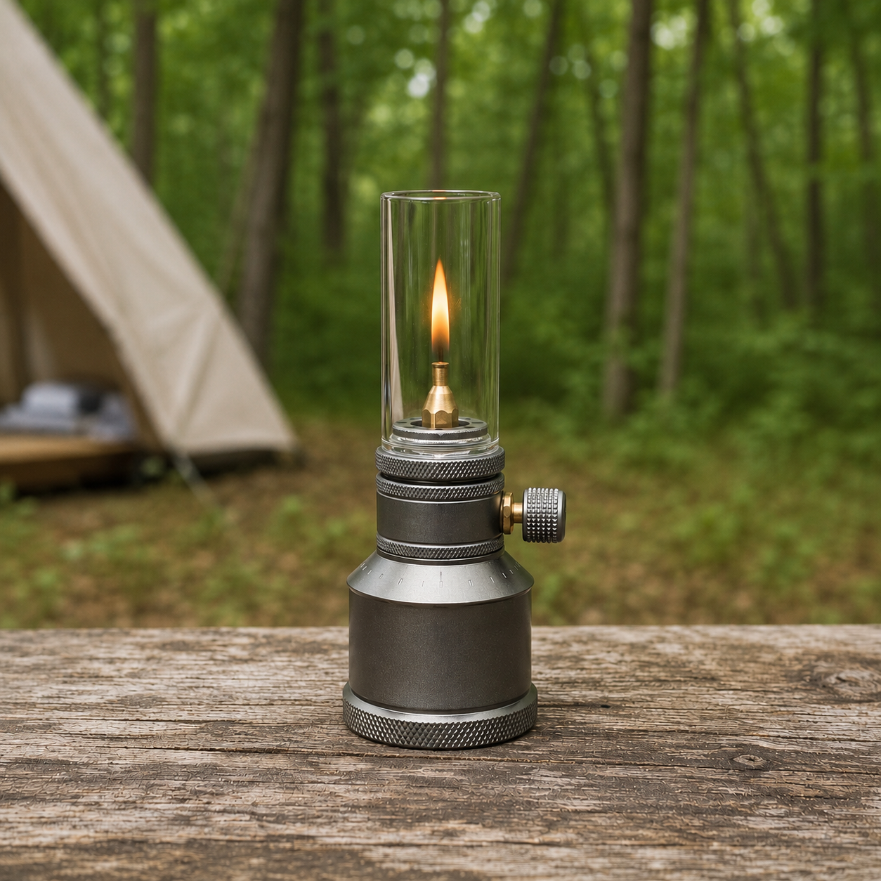 Gunmetal grey camping gas lantern, lit with a single upright flame in its clear glass globe, standing on a weathered wooden camp table in daylight with woodland and a canvas tent out of focus behind it