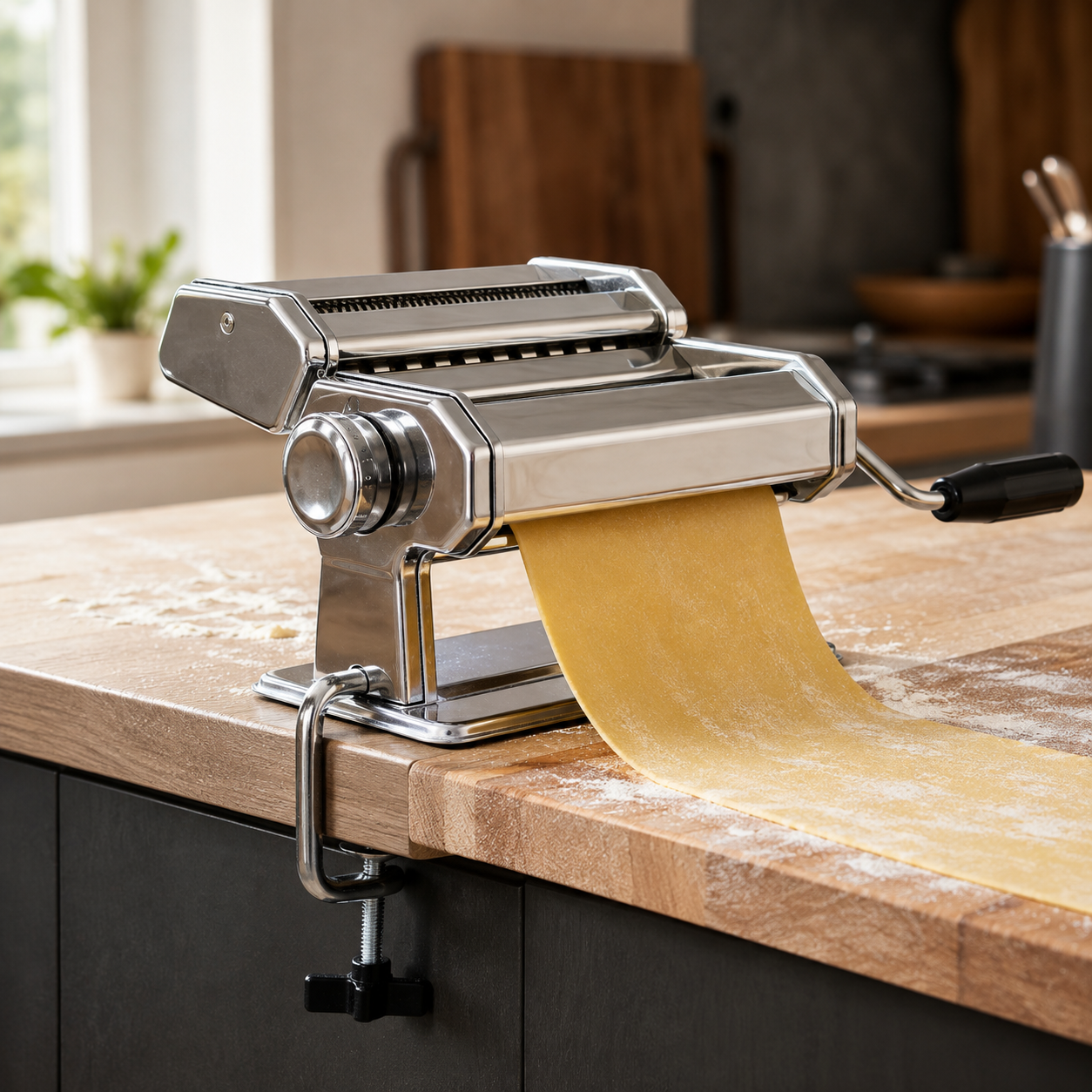 Manual pasta maker clamped to a kitchen worktop edge with a sheet of pasta dough coming through the rollers