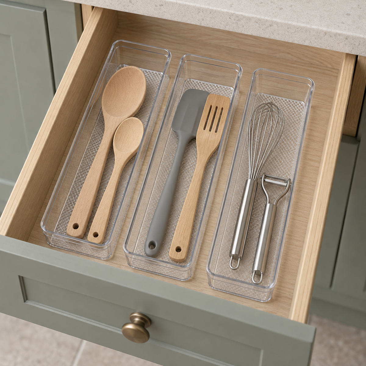 Three clear drawer organizer trays side by side in an oak kitchen drawer, holding wooden spoons, spatulas, a whisk and a peeler