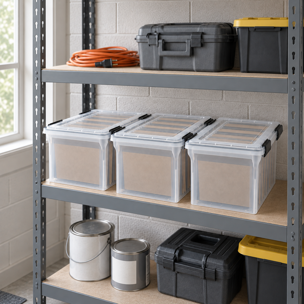 Three clear file storage boxes with black latches filled with hanging folders on a steel garage shelf