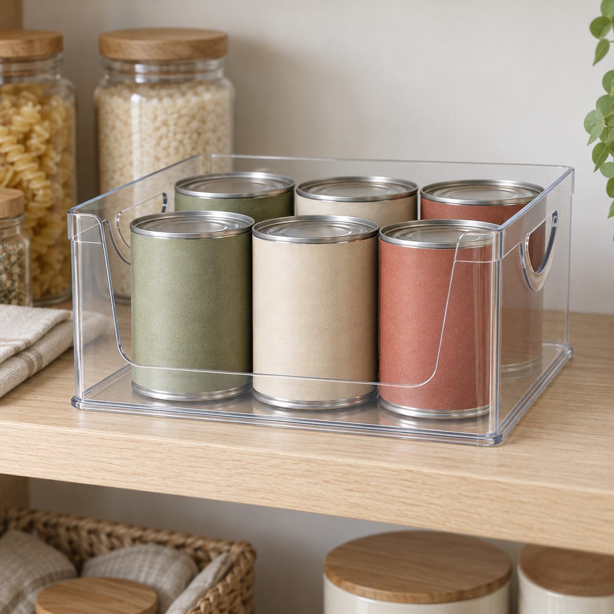 Clear open-front pantry bin on a pantry shelf holding six cans, the low front lip and side handle cut-outs in view