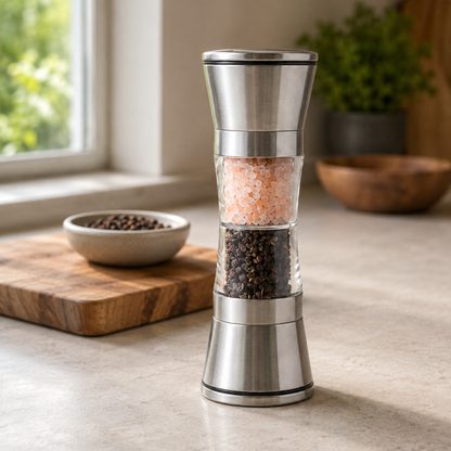 Stainless steel salt and pepper mill standing on a kitchen counter in daylight
