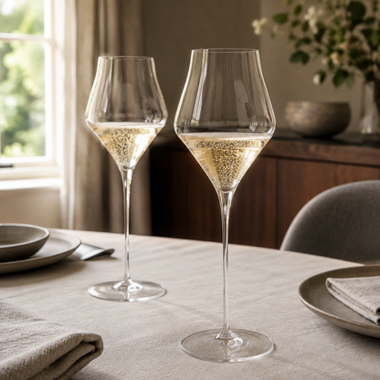 Two ultra thin champagne glasses of champagne on a laid table in daylight