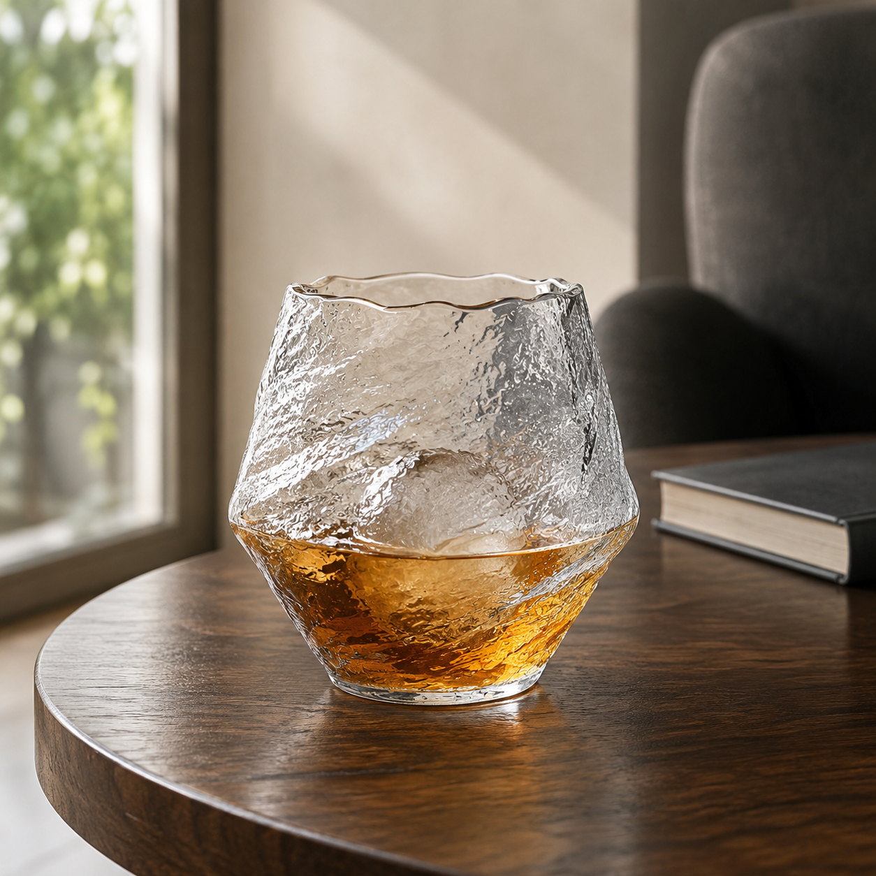 Hammered Japanese-style whiskey tumbler filled with whiskey on a walnut side table in daylight