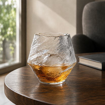 Hammered Japanese-style whiskey tumbler filled with whiskey on a walnut side table in daylight
