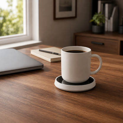 White mug warmer on a walnut desk with a mug of coffee standing on its glass plate
