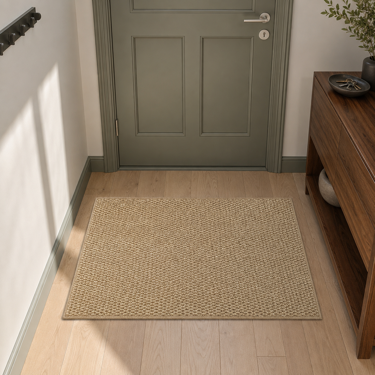 Beige loop pile doormat lying flat on pale oak boards in front of a closed grey-green front door in an entry hall, with a coat hook rail on the wall and a walnut console to the right