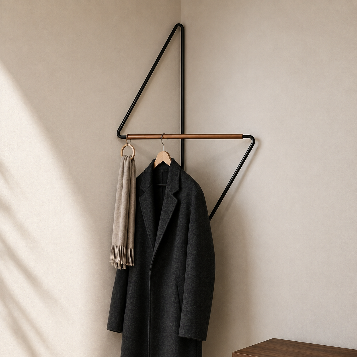 Black metal corner coat rack in an entryway corner, with a dark coat on a hanger over the crossbar and a beige scarf looped through the ring.