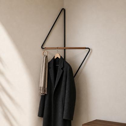 Black metal corner coat rack in an entryway corner, with a dark coat on a hanger over the crossbar and a beige scarf looped through the ring.